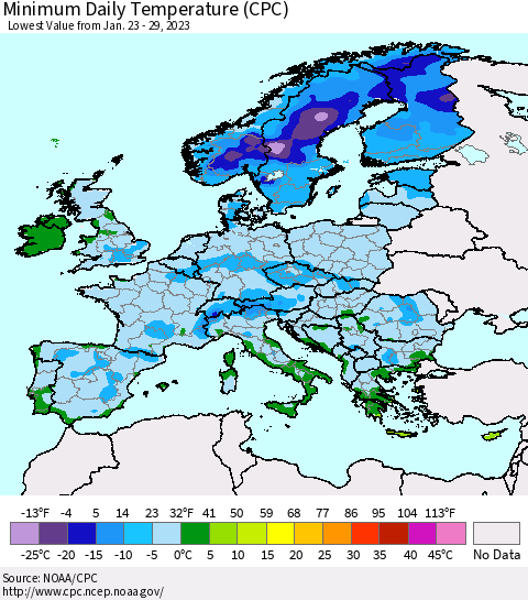 Europe Minimum Daily Temperature (CPC) Thematic Map For 1/23/2023 - 1/29/2023