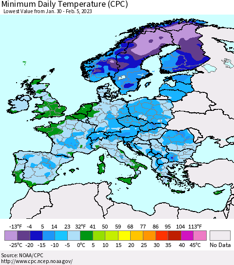 Europe Minimum Daily Temperature (CPC) Thematic Map For 1/30/2023 - 2/5/2023