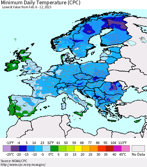 Europe Minimum Daily Temperature (CPC) Thematic Map For 2/6/2023 - 2/12/2023