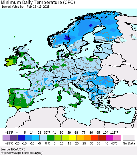 Europe Minimum Daily Temperature (CPC) Thematic Map For 2/13/2023 - 2/19/2023