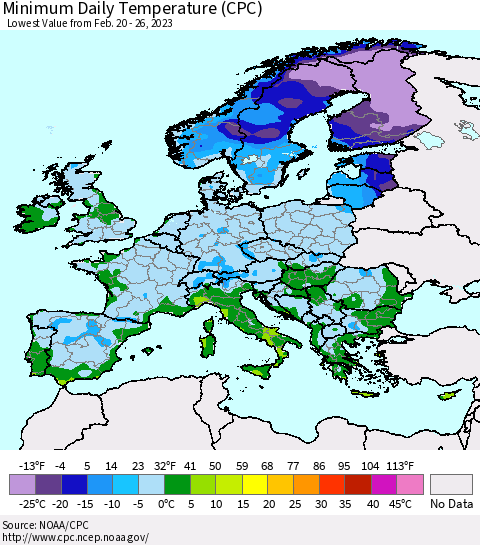 Europe Minimum Daily Temperature (CPC) Thematic Map For 2/20/2023 - 2/26/2023