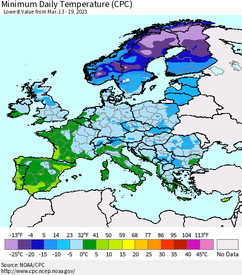Europe Minimum Daily Temperature (CPC) Thematic Map For 3/13/2023 - 3/19/2023