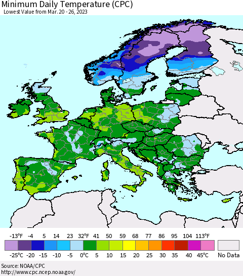 Europe Minimum Daily Temperature (CPC) Thematic Map For 3/20/2023 - 3/26/2023
