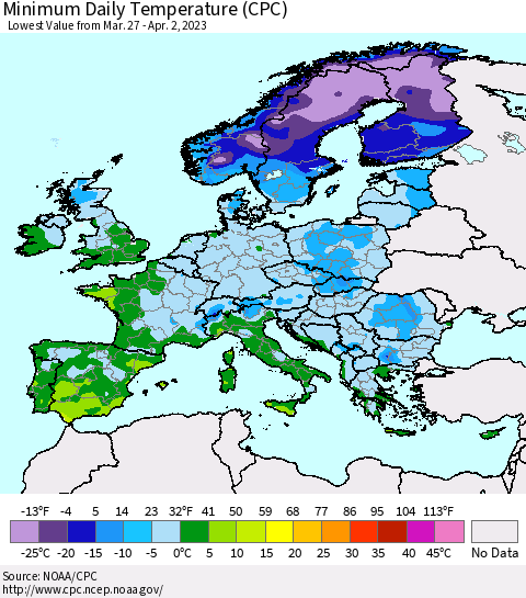 Europe Minimum Daily Temperature (CPC) Thematic Map For 3/27/2023 - 4/2/2023