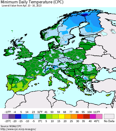 Europe Minimum Daily Temperature (CPC) Thematic Map For 4/10/2023 - 4/16/2023