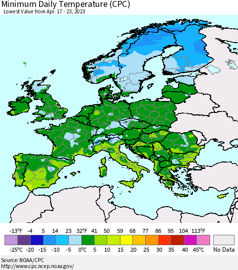 Europe Minimum Daily Temperature (CPC) Thematic Map For 4/17/2023 - 4/23/2023