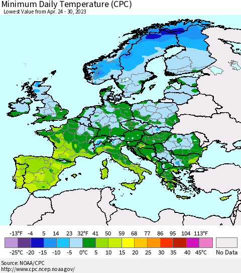 Europe Minimum Daily Temperature (CPC) Thematic Map For 4/24/2023 - 4/30/2023