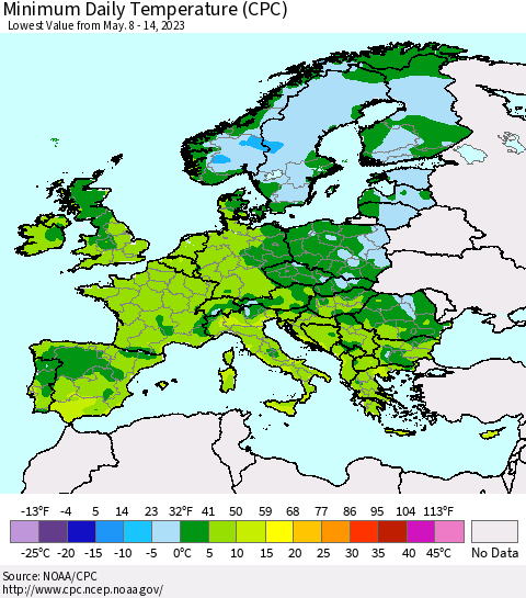 Europe Minimum Daily Temperature (CPC) Thematic Map For 5/8/2023 - 5/14/2023