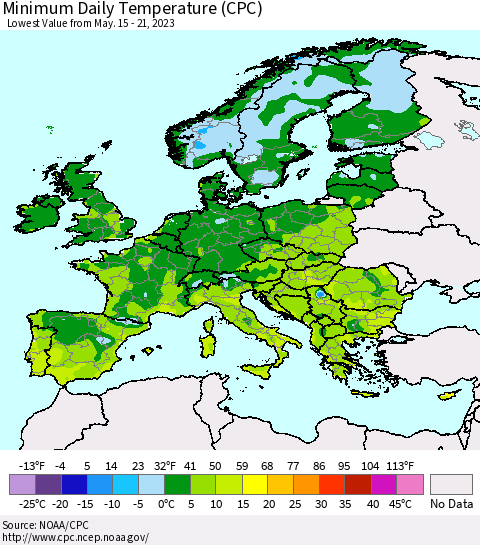 Europe Minimum Daily Temperature (CPC) Thematic Map For 5/15/2023 - 5/21/2023