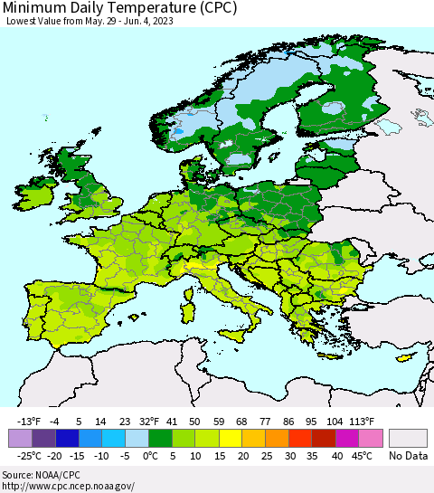 Europe Minimum Daily Temperature (CPC) Thematic Map For 5/29/2023 - 6/4/2023