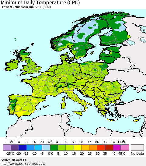 Europe Minimum Daily Temperature (CPC) Thematic Map For 6/5/2023 - 6/11/2023