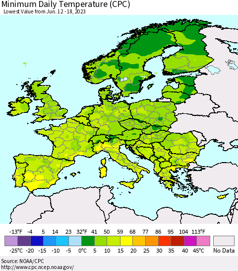 Europe Minimum Daily Temperature (CPC) Thematic Map For 6/12/2023 - 6/18/2023