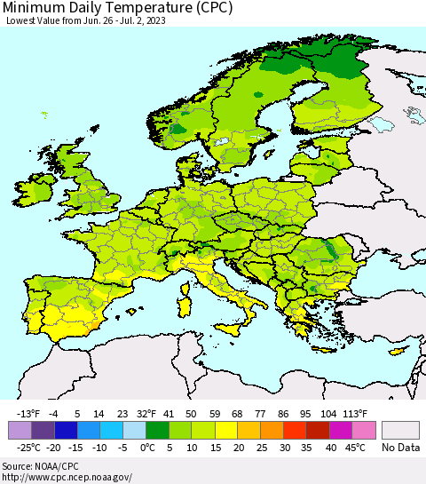 Europe Minimum Daily Temperature (CPC) Thematic Map For 6/26/2023 - 7/2/2023