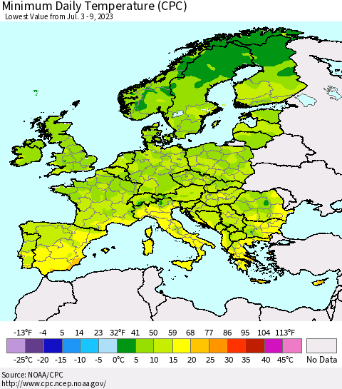 Europe Minimum Daily Temperature (CPC) Thematic Map For 7/3/2023 - 7/9/2023