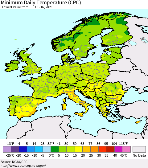 Europe Minimum Daily Temperature (CPC) Thematic Map For 7/10/2023 - 7/16/2023