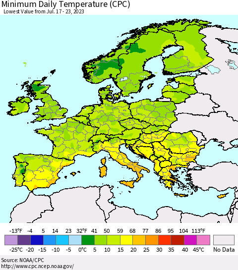Europe Minimum Daily Temperature (CPC) Thematic Map For 7/17/2023 - 7/23/2023