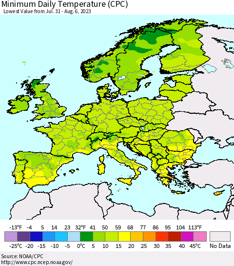 Europe Minimum Daily Temperature (CPC) Thematic Map For 7/31/2023 - 8/6/2023