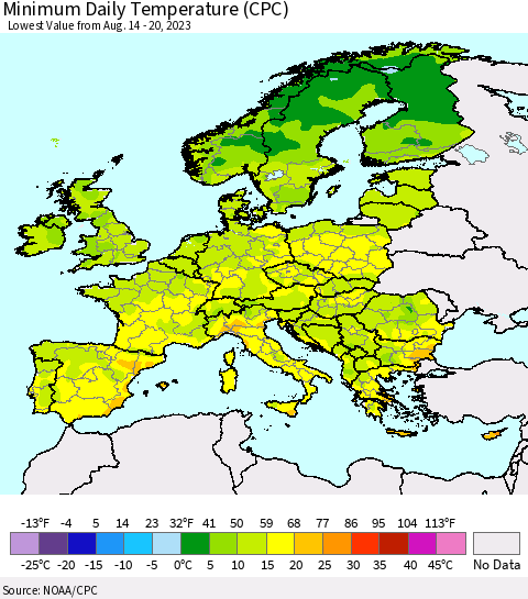 Europe Minimum Daily Temperature (CPC) Thematic Map For 8/14/2023 - 8/20/2023