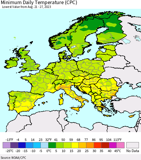 Europe Minimum Daily Temperature (CPC) Thematic Map For 8/21/2023 - 8/27/2023