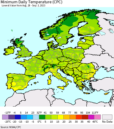 Europe Minimum Daily Temperature (CPC) Thematic Map For 8/28/2023 - 9/3/2023