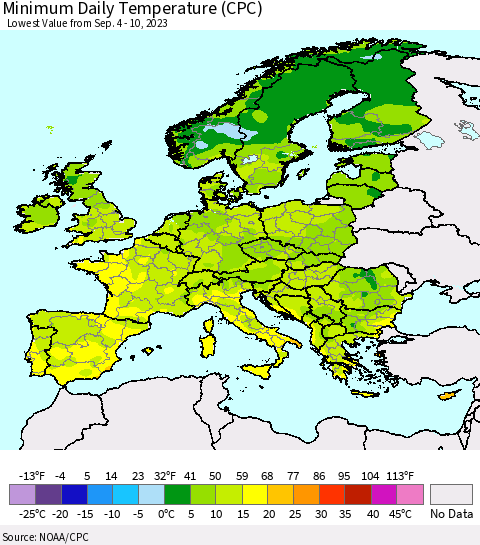 Europe Minimum Daily Temperature (CPC) Thematic Map For 9/4/2023 - 9/10/2023
