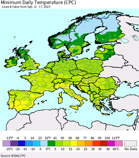 Europe Minimum Daily Temperature (CPC) Thematic Map For 9/11/2023 - 9/17/2023
