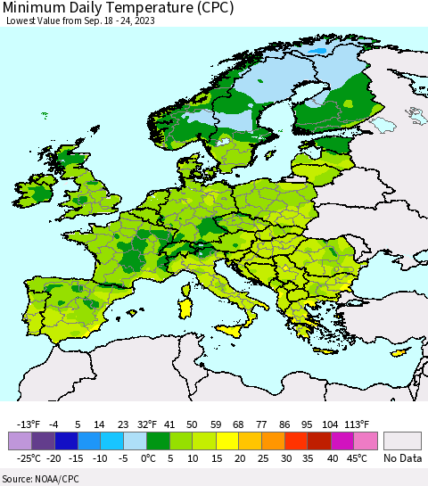Europe Minimum Daily Temperature (CPC) Thematic Map For 9/18/2023 - 9/24/2023