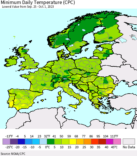 Europe Minimum Daily Temperature (CPC) Thematic Map For 9/25/2023 - 10/1/2023