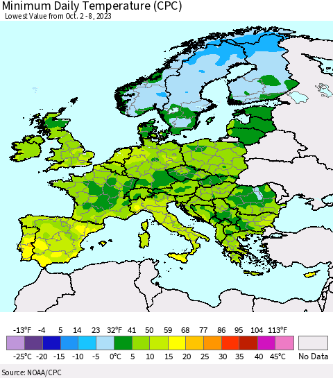 Europe Minimum Daily Temperature (CPC) Thematic Map For 10/2/2023 - 10/8/2023