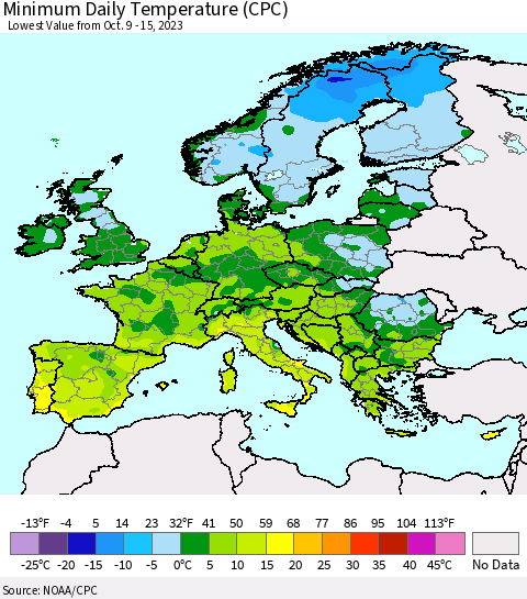 Europe Minimum Daily Temperature (CPC) Thematic Map For 10/9/2023 - 10/15/2023