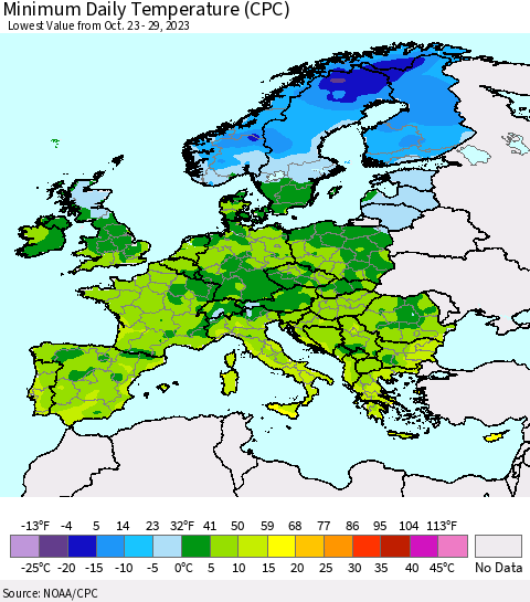 Europe Minimum Daily Temperature (CPC) Thematic Map For 10/23/2023 - 10/29/2023