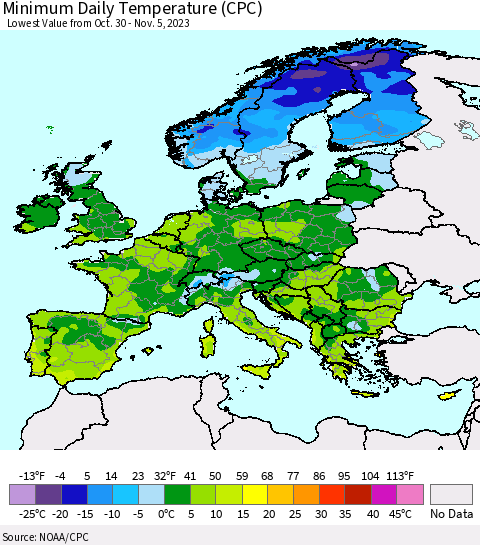 Europe Minimum Daily Temperature (CPC) Thematic Map For 10/30/2023 - 11/5/2023