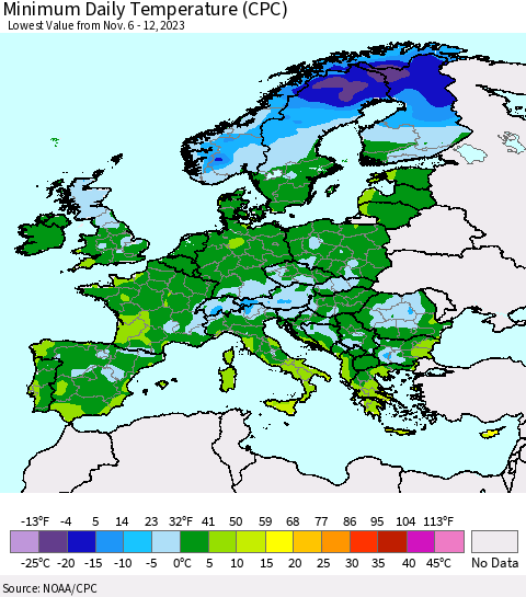 Europe Minimum Daily Temperature (CPC) Thematic Map For 11/6/2023 - 11/12/2023