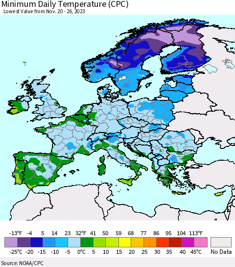Europe Minimum Daily Temperature (CPC) Thematic Map For 11/20/2023 - 11/26/2023