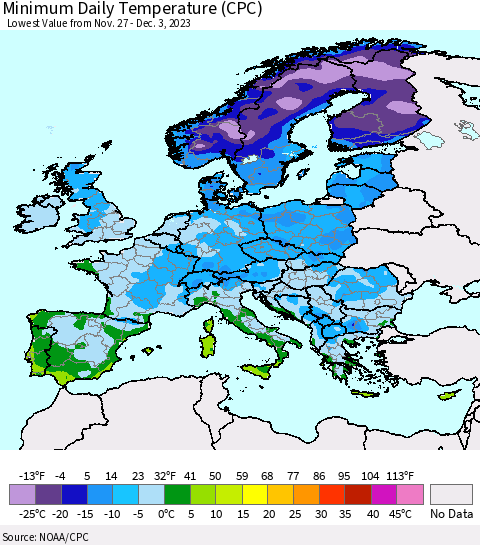 Europe Minimum Daily Temperature (CPC) Thematic Map For 11/27/2023 - 12/3/2023