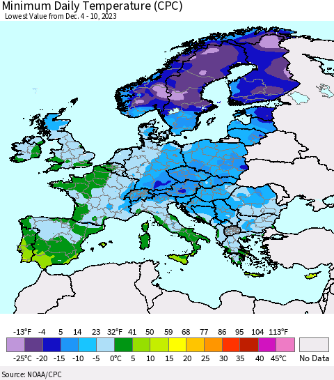 Europe Minimum Daily Temperature (CPC) Thematic Map For 12/4/2023 - 12/10/2023
