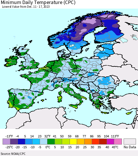 Europe Minimum Daily Temperature (CPC) Thematic Map For 12/11/2023 - 12/17/2023
