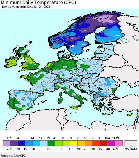 Europe Minimum Daily Temperature (CPC) Thematic Map For 12/18/2023 - 12/24/2023