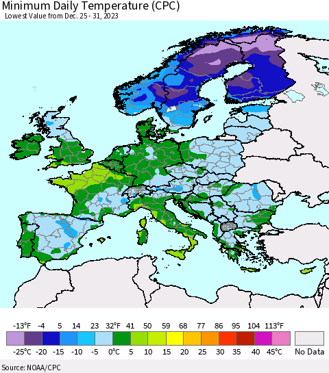 Europe Minimum Daily Temperature (CPC) Thematic Map For 12/25/2023 - 12/31/2023