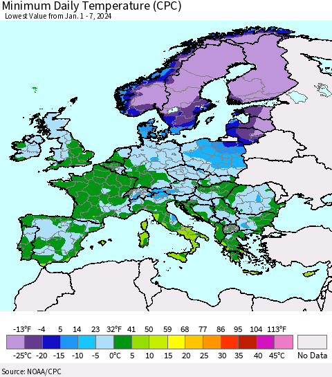 Europe Minimum Daily Temperature (CPC) Thematic Map For 1/1/2024 - 1/7/2024