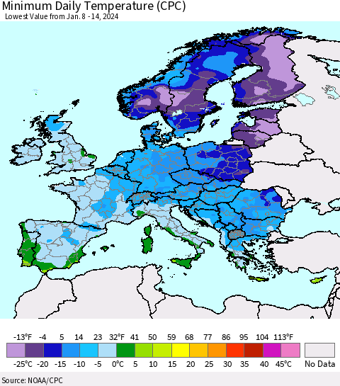 Europe Minimum Daily Temperature (CPC) Thematic Map For 1/8/2024 - 1/14/2024