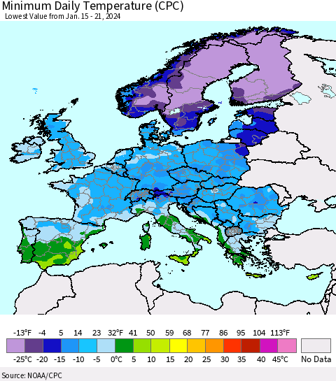 Europe Minimum Daily Temperature (CPC) Thematic Map For 1/15/2024 - 1/21/2024