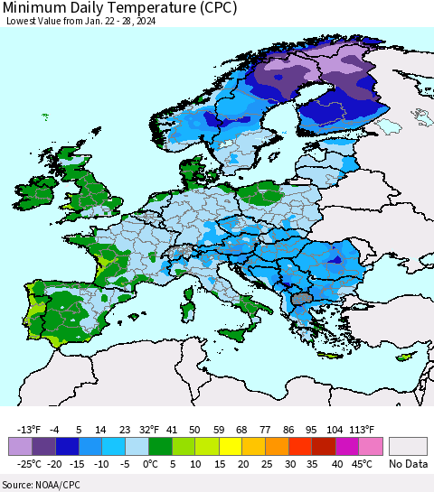 Europe Minimum Daily Temperature (CPC) Thematic Map For 1/22/2024 - 1/28/2024