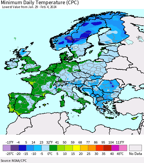 Europe Minimum Daily Temperature (CPC) Thematic Map For 1/29/2024 - 2/4/2024