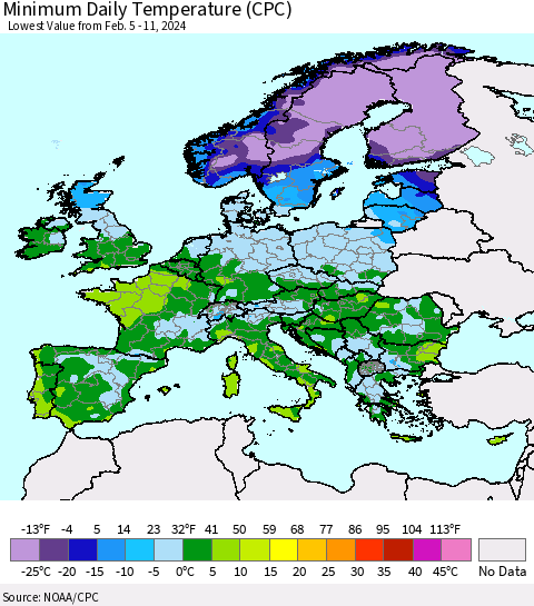 Europe Minimum Daily Temperature (CPC) Thematic Map For 2/5/2024 - 2/11/2024