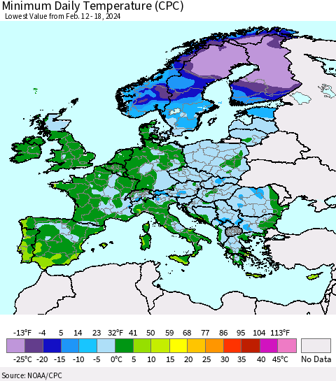 Europe Minimum Daily Temperature (CPC) Thematic Map For 2/12/2024 - 2/18/2024