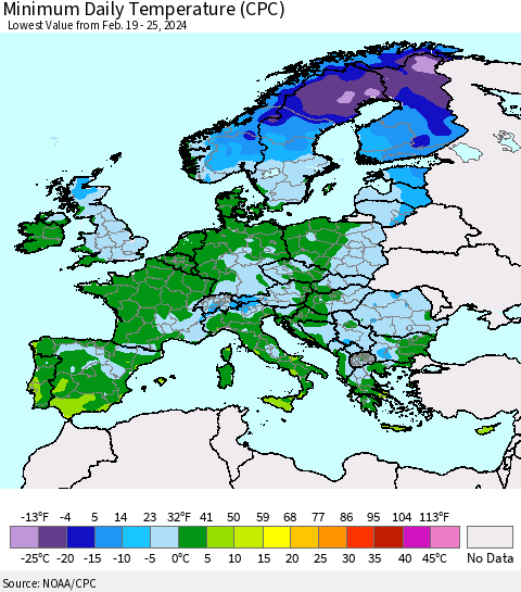 Europe Minimum Daily Temperature (CPC) Thematic Map For 2/19/2024 - 2/25/2024