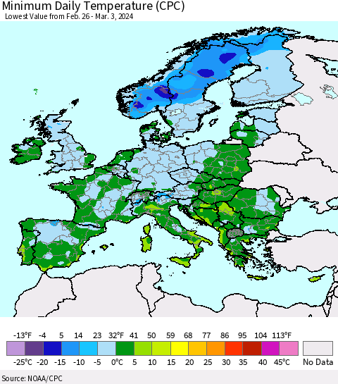 Europe Minimum Daily Temperature (CPC) Thematic Map For 2/26/2024 - 3/3/2024