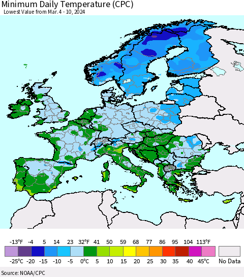 Europe Minimum Daily Temperature (CPC) Thematic Map For 3/4/2024 - 3/10/2024