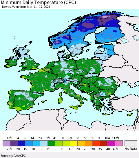 Europe Minimum Daily Temperature (CPC) Thematic Map For 3/11/2024 - 3/17/2024